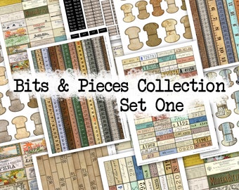 May include: A digital collage sheet with a vintage aesthetic featuring various images, including spools of thread, measuring tapes, and labels with text like "Bits & Pieces Collection Set One", "Modern Bicycle", and "Opera".