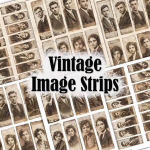 May include: A collection of vintage black and white portrait image strips. The images are of men and women, and are arranged in a grid pattern. The text "Vintage Image Strips" is superimposed on the images.