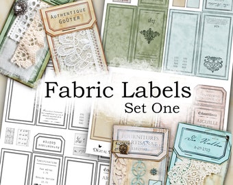 May include: A set of printable fabric labels in various styles and colors. The labels feature text in French and English, including "Magnifiques Ephemeres", "Authentique Goûter", "Echantillons Aiguille", "Fournitures Artisanat", and "Die Nadel".