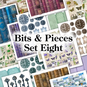 May include: A digital collage sheet with the title "Bits & Pieces Set Eight". The sheet features various images, including books, clocks, butterflies, and keys. The images are in a vintage style and have a distressed look.