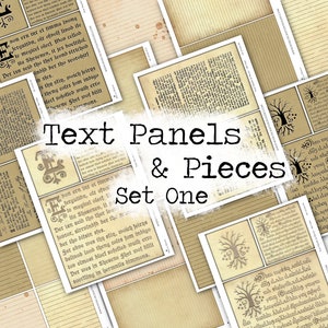 May include: A digital collage sheet with text panels and pieces. The panels feature a vintage style with brown and beige tones. The text is in a faux old English font. The text reads "Text Panels & Pieces Set One".