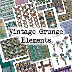 May include: A digital collage of vintage grunge elements, including butterflies, numbers, frames, and photos of children. The collage is in shades of green, blue, and brown.
