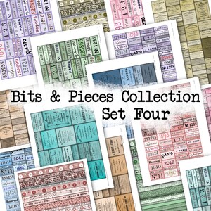 Può includere: Un collage di ritagli di carta in stile vintage con testo e motivi. Le carte presentano una varietà di colori, tra cui blu, verde, rosa e rosso. Il testo include numeri, parole e frasi in francese. Il titolo "Bits & Pieces Collection Set Four" è scritto in un carattere usurato.