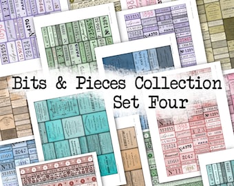 May include: A collage of vintage-style paper scraps with text and patterns. The papers feature a variety of colors, including blue, green, pink, and red. The text includes numbers, words, and phrases in French. The title "Bits & Pieces Collection Set Four" is written in a distressed font.