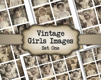 Puede incluir: Un collage digital de imágenes vintage con chicas jóvenes en varias poses y escenarios. Las imágenes están en blanco y negro y tienen un aspecto descolorido y antiguo. El título "Vintage Girls Images Set One" se muestra en el centro del collage.