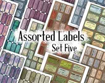 May include: Assorted vintage labels in a set of five. The labels are printed on paper and have a distressed, aged look. The labels feature various designs, including floral patterns, geometric shapes, and text in French. The labels are perfect for adding a touch of vintage charm to your crafts, scrapbooking, or other projects.