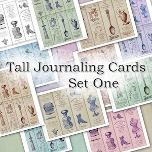 Può includere: Un set di 12 carte di journaling stampabili con illustrazioni vintage di macchine da cucire, scarpe e altri oggetti. Le carte sono di vari colori, tra cui blu, verde, rosa e beige. Il testo sulle carte include "Cain Si", "Avis Traite", "Reve Burist" e "Julien".
