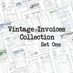 Pode incluir: Uma coleção de faturas vintage, apresentando vários documentos com texto manuscrito, selos e ilustrações. As faturas são em tons de branco, azul e verde. O texto "Vintage Invoices Collection Set One" é exibido na imagem.