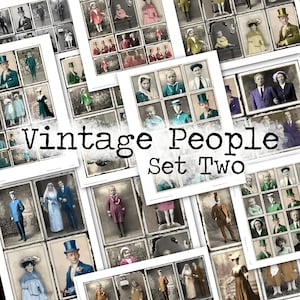 Può includere: Un collage di fotografie vintage con persone in varie pose e stili di abbigliamento. Le immagini sono disposte in una griglia e hanno un aspetto sbiadito e antico. Il testo "Vintage People Set Two" è sovrapposto al collage.