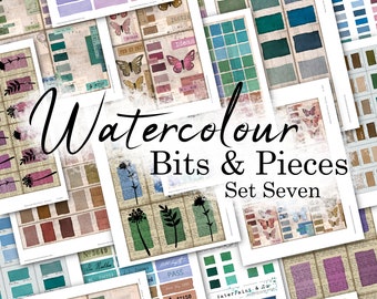 May include: Watercolor Bits & Pieces Set Seven, a collection of digital paper featuring watercolor swatches, floral illustrations, and vintage ephemera. The title "Watercolor Bits & Pieces Set Seven" is displayed in a handwritten font.