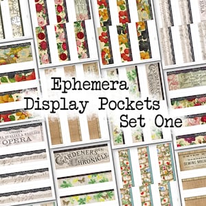 May include: A set of printable ephemera display pockets with a variety of vintage designs, including floral patterns, musical notes, and text. The text includes "The Gardeners Chronicle", "Lyster's Italian & English Opera", and "Child's Domestic Sewing Machine".