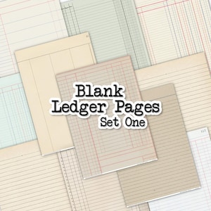 Könnte beinhalten: Eine Sammlung leerer Registerseiten im Vintage-Stil in Creme-, Beige- und Hellblautönen. Die Seiten weisen horizontale und vertikale Linien auf, einige mit roten Gitterlinien. Der Text "Blank Ledger Pages Set One" ist auf dem Bild zu sehen.