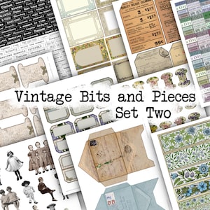 May include: A digital collage sheet with vintage style images and text. The sheet includes images of labels, envelopes, floral patterns, and children. The text on the sheet reads "Vintage Bits and Pieces Set Two".