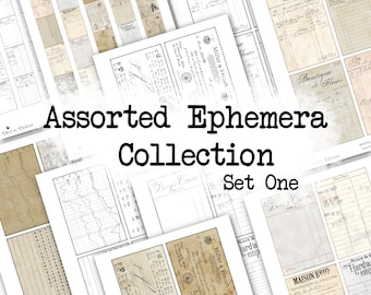 May include: Assorted ephemera collection set one, featuring vintage-style paper goods with handwritten text and graphics. The collection includes various designs, such as receipts, invoices, and labels.