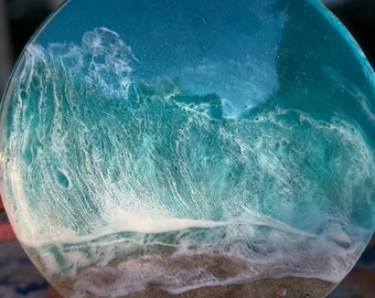 10x10 circle original ocean shore painting Glass finish 3D Art