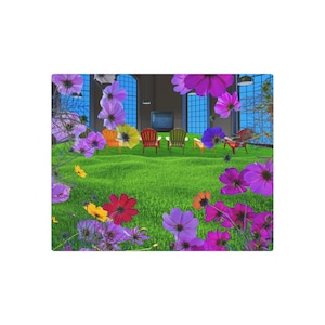 Summerween The In-Between Liminal Space Art Indoor Garden Giant Cosmos Flowers Adirondack Chairs Surreal Meeting Room Metal Print Decor