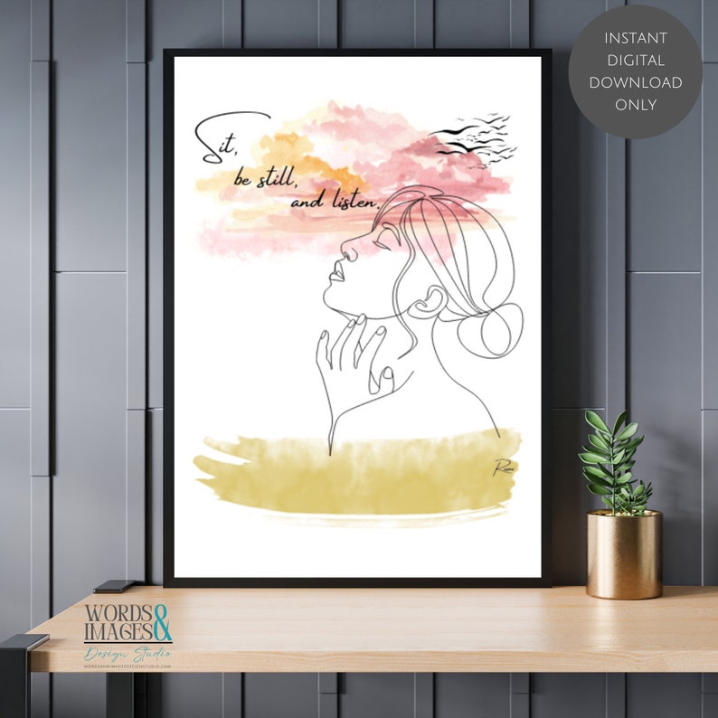 Rumi Quote, Rumi Line Art, Rumi Sit Be Still & Listen, Sunset Art, Pink