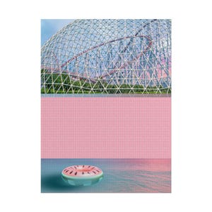 May include: A digitally created image featuring a roller coaster inside a geodesic dome, a pink tiled wall, and a watermelon-shaped inflatable ring floating in a pool of water. The sky is blue.