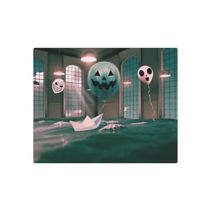 May include: A surreal image of a paper boat on water, with Halloween-themed balloons. The balloons are shaped like jack-o'-lanterns and other spooky faces. The background features arched windows and hanging lights, creating a whimsical, Halloween atmosphere.