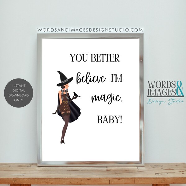 Sassy Witch Halloween Wall Decor, Retro 1920s Vintage Flapper Witch with Raven or Crow, Printable Digital Downloadable