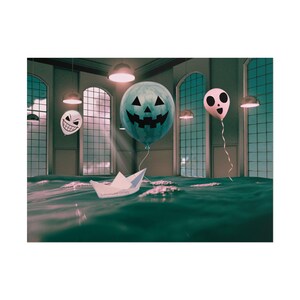May include: A surreal scene featuring a paper boat floating on water, with three balloons shaped like Halloween faces. The balloons are white, teal, and pink. The background includes large windows and hanging lights.