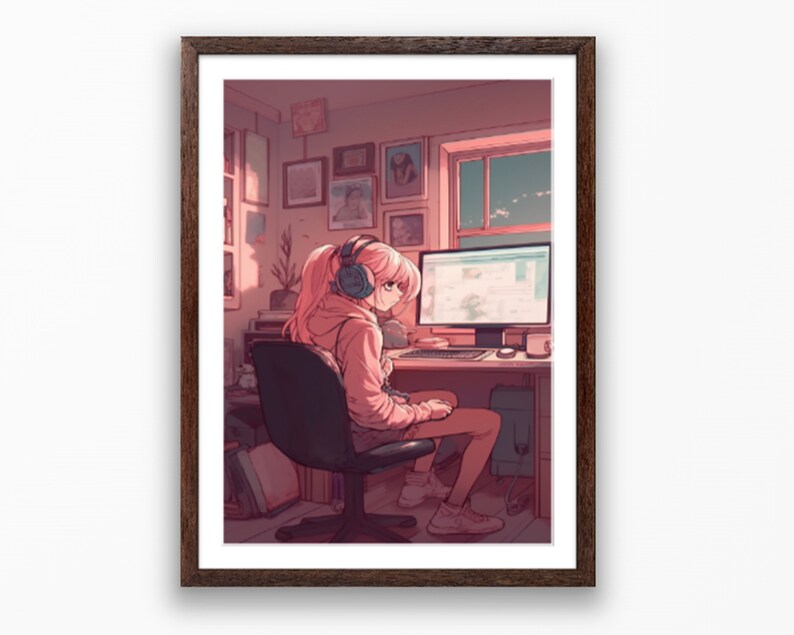 Anime Gamer Girl PC Setup Gamer Girl Wall Art Etsy