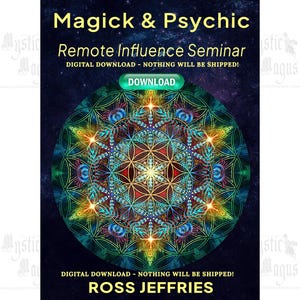 May include: A digital download graphic titled Magick & Psychic Remote Influence Seminar by Ross Jeffries. The design features a vibrant, multi-colored geometric mandala pattern against a dark, starry space background with a green download button.