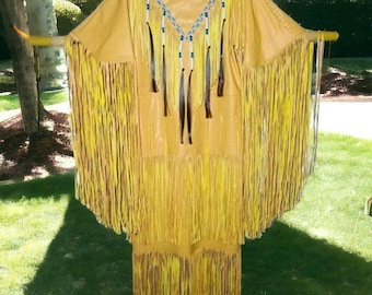 Vestido maxi de boda con flecos largos de piel de vaca para mujer, vestido de indios nativos con flecos, vestido hecho a mano con detalles de cuentas azules.
