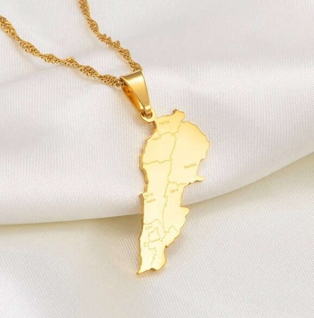 Minimalist Style Lebanon Map With City Names Charm Necklace 18K Gold