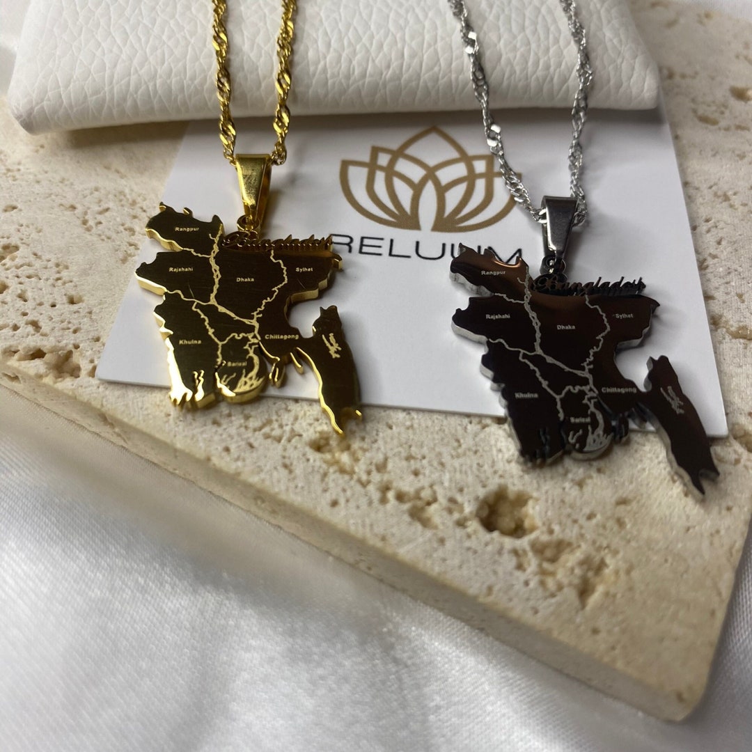 18K Gold Plated Bangladesh Map With City Names Pendant Necklace Minimalist Bangladeshi Culture
