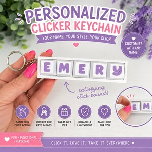 May include: A white rectangular clicker keychain featuring five mechanical keyboard-style keys with the purple letters E, M, E, R, Y printed on them. The keychain includes a silver metal ring and is displayed with text overlays.