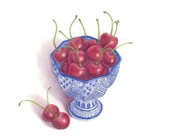 Cherries in Chinese Bowl Art Print: Botanical Kitchen Decor (12x12)