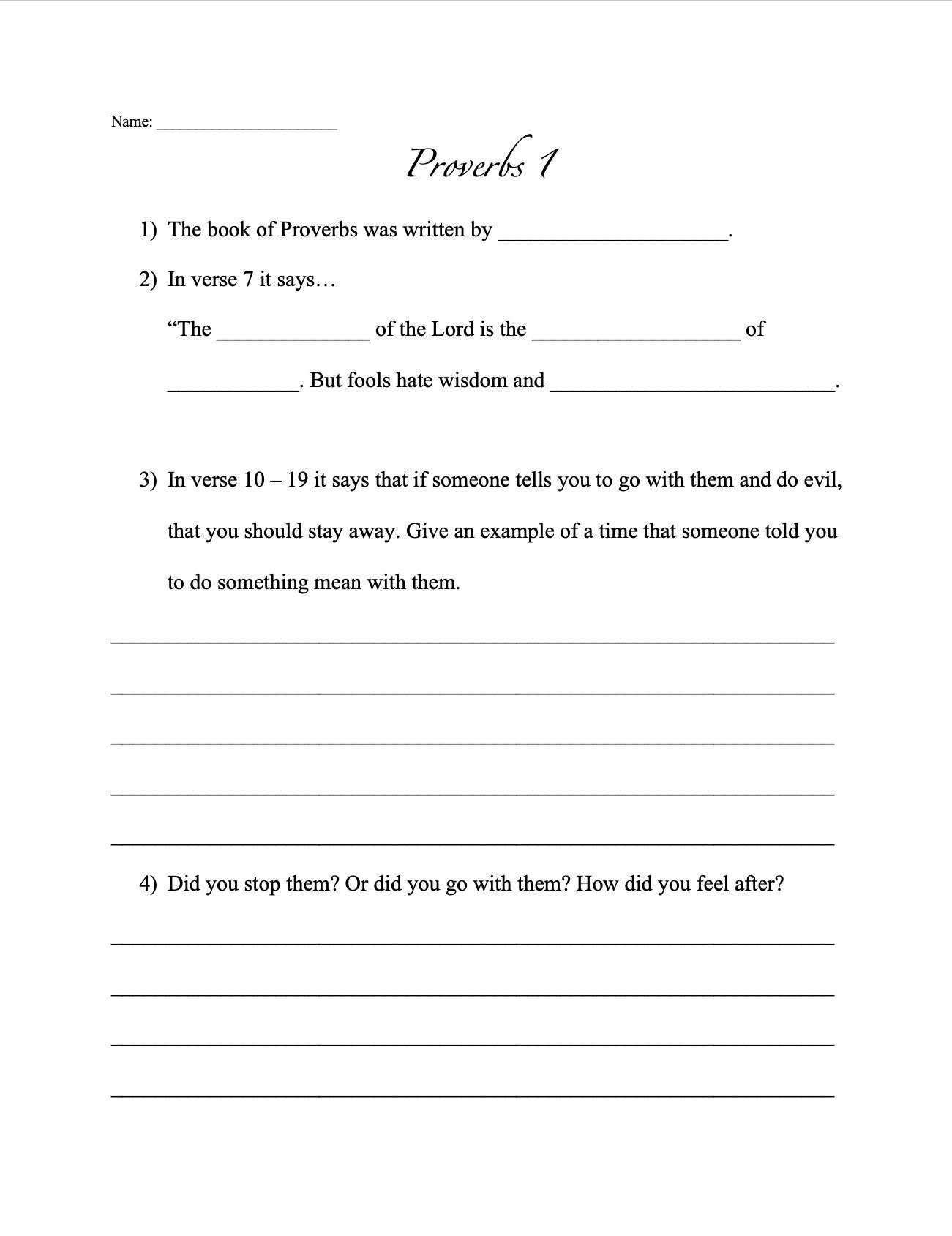 Proverbs Chapter 1 Worksheet Etsy