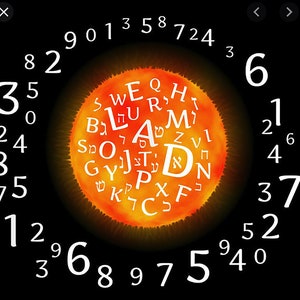 May include: A circular design with a black background and a large orange sun in the center. The sun has white Hebrew letters and numbers around it. The outer circle has white numbers 1 through 9 in a clockwise direction.
