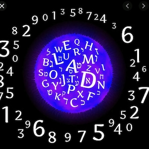 May include: A circular chart with numbers 0-9 arranged in a clockwise spiral around a purple and blue circle. The circle contains a variety of letters, including the Hebrew alphabet. The chart is on a black background.