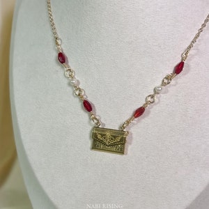Dainty Gold Charm Necklace — red bead & pearl necklace on stainless steel | vintage-inspired minimal jewelry, everyday gift for her