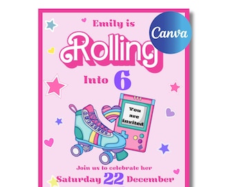 Digital invite + Thank you card pack , Roller Skate video games Birthday templates