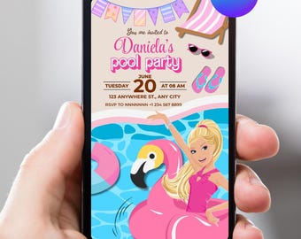 Digitale Einladungen zur Poolparty mit Puppenmotiven zum Versenden per Telefon