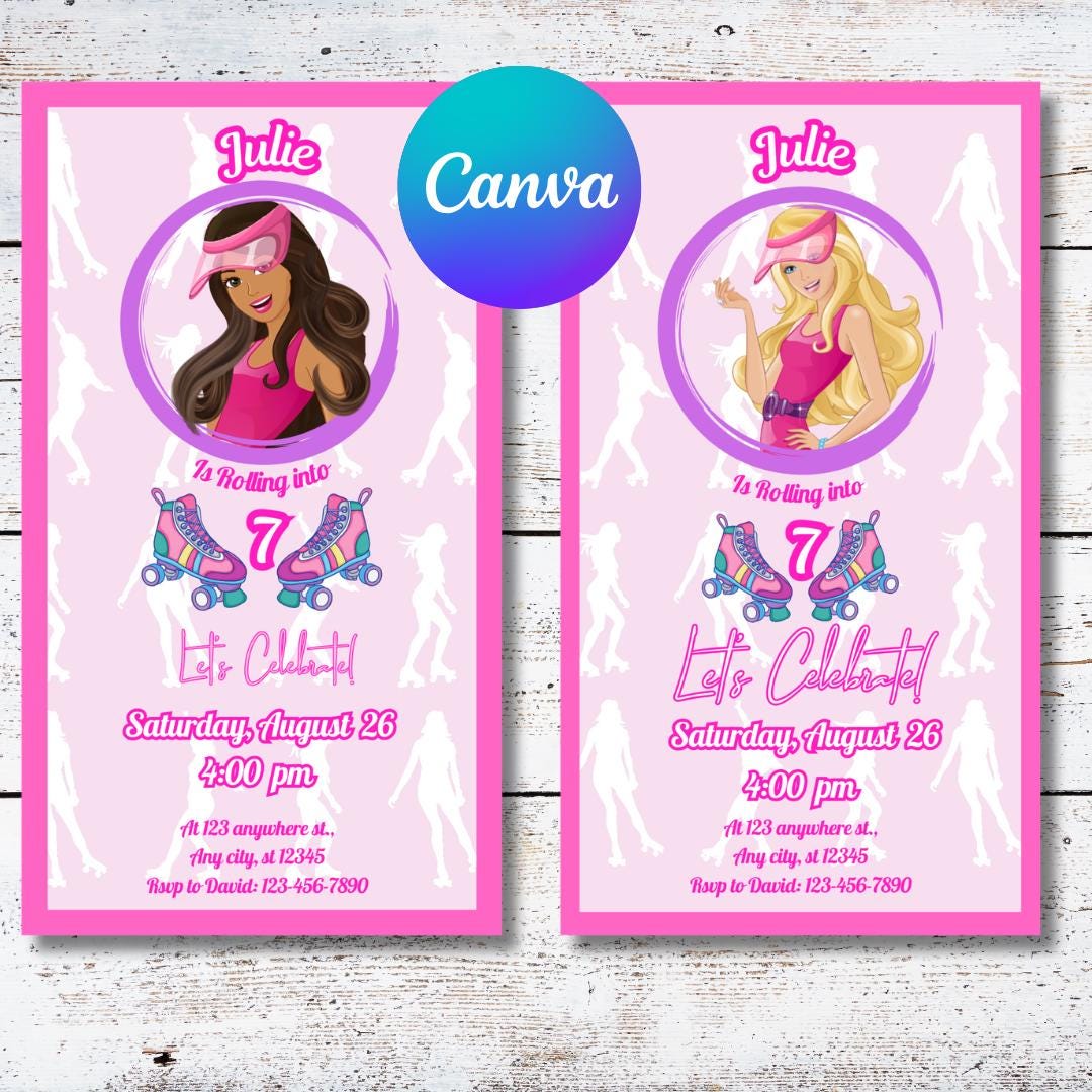 Blonde or Brunette Roller Skate doll Digital Birthday Party invite (to send it by phone)