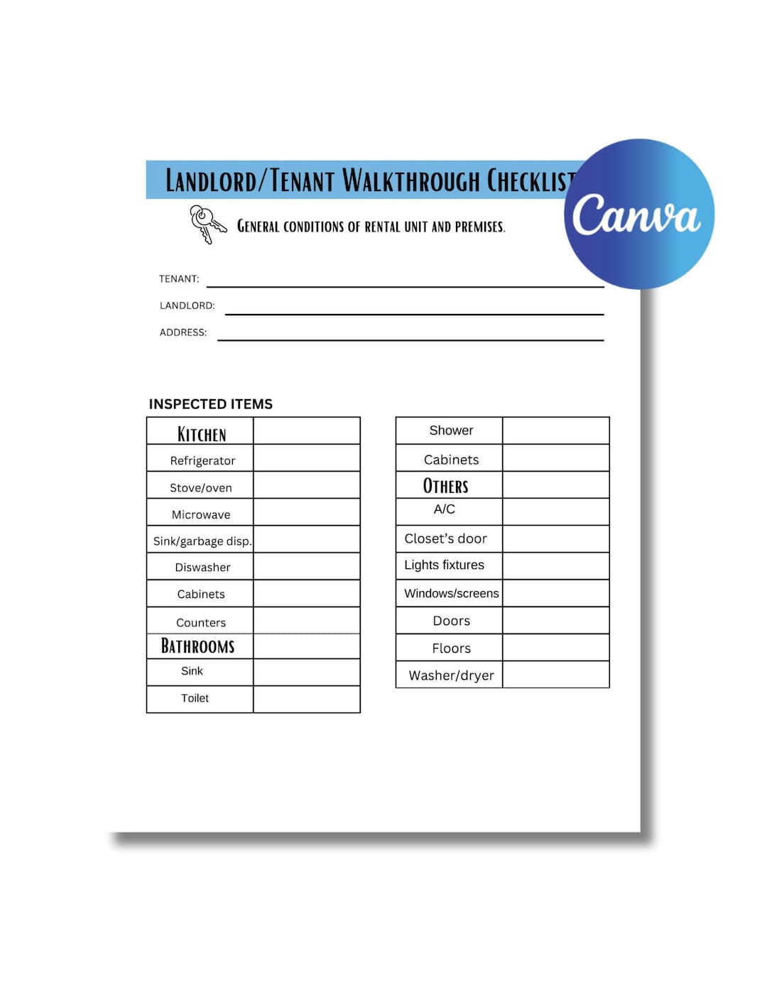 Basic Landlord/tenant Walkthrough Form - Etsy