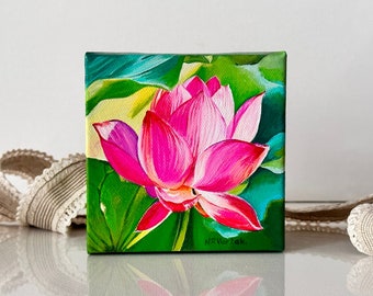 Lotus Flower Painting | Pink Lotus Flower Original Acrylic Painting On 4"x4" Stretched Canvas | Floral Wall Art Home Decor | Neha Vartak Art