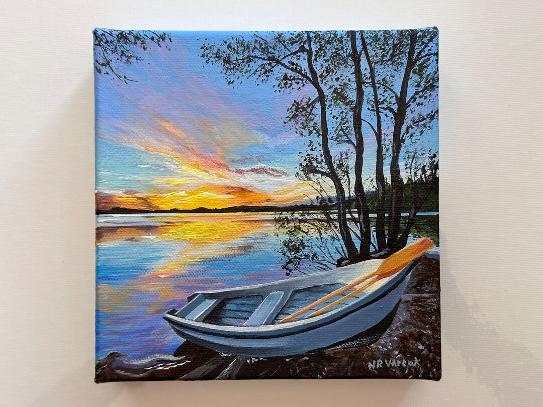 Sunset Lake Acrylic Painting | Boat at the Lake Original Acrylic Home ...