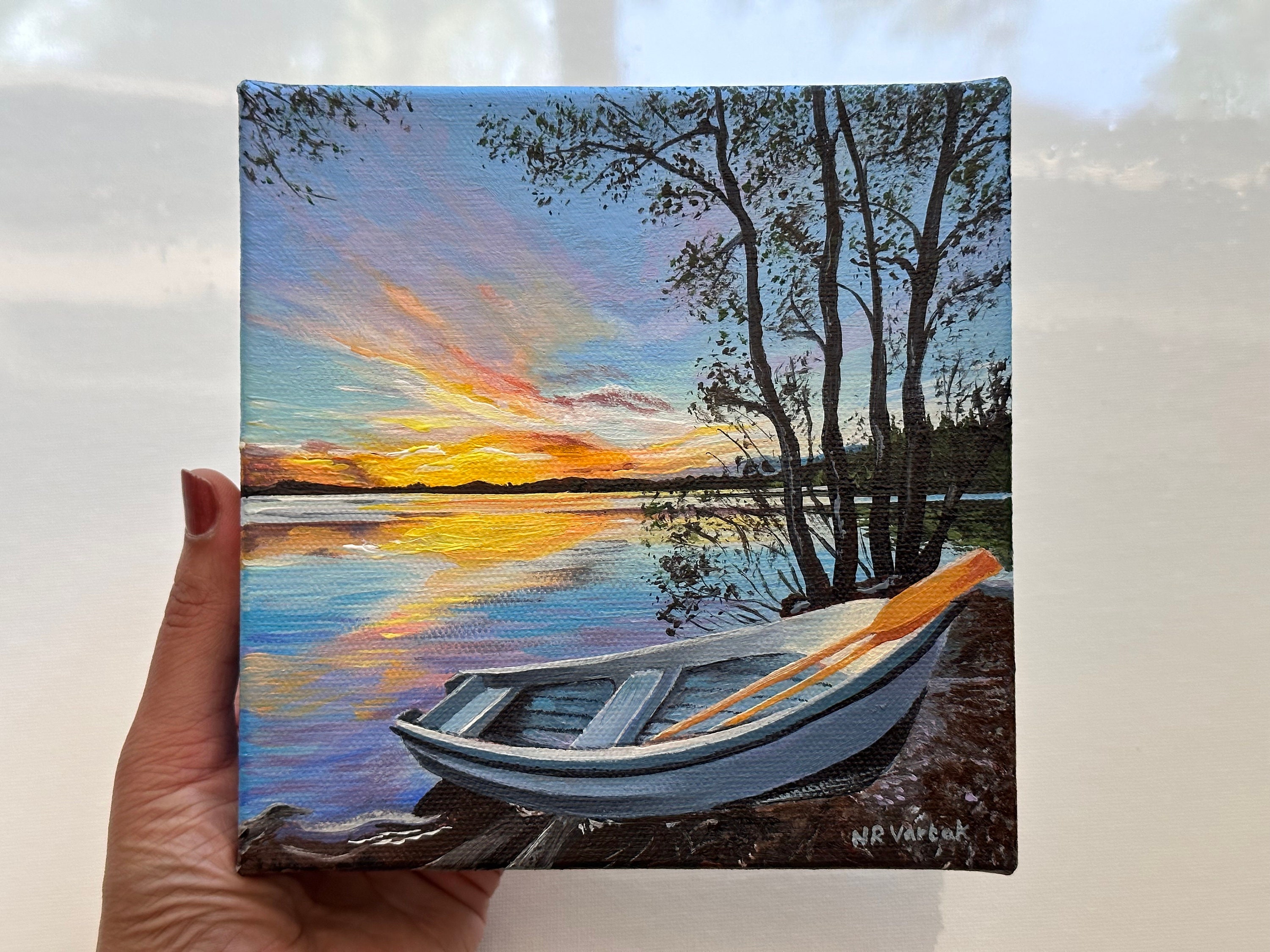 エドワード・カキュエル、An afternoon boating、希少画集より Sunset Lake Acrylic Painting | Boat at the Lake Original Acrylic