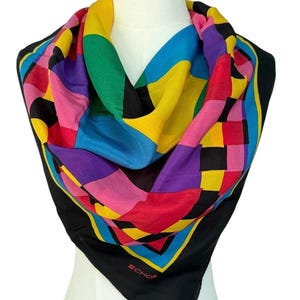 Echo Silk Abstract Geometric Colorblock Scarf Pop Art Mod Square Wrap Vintage