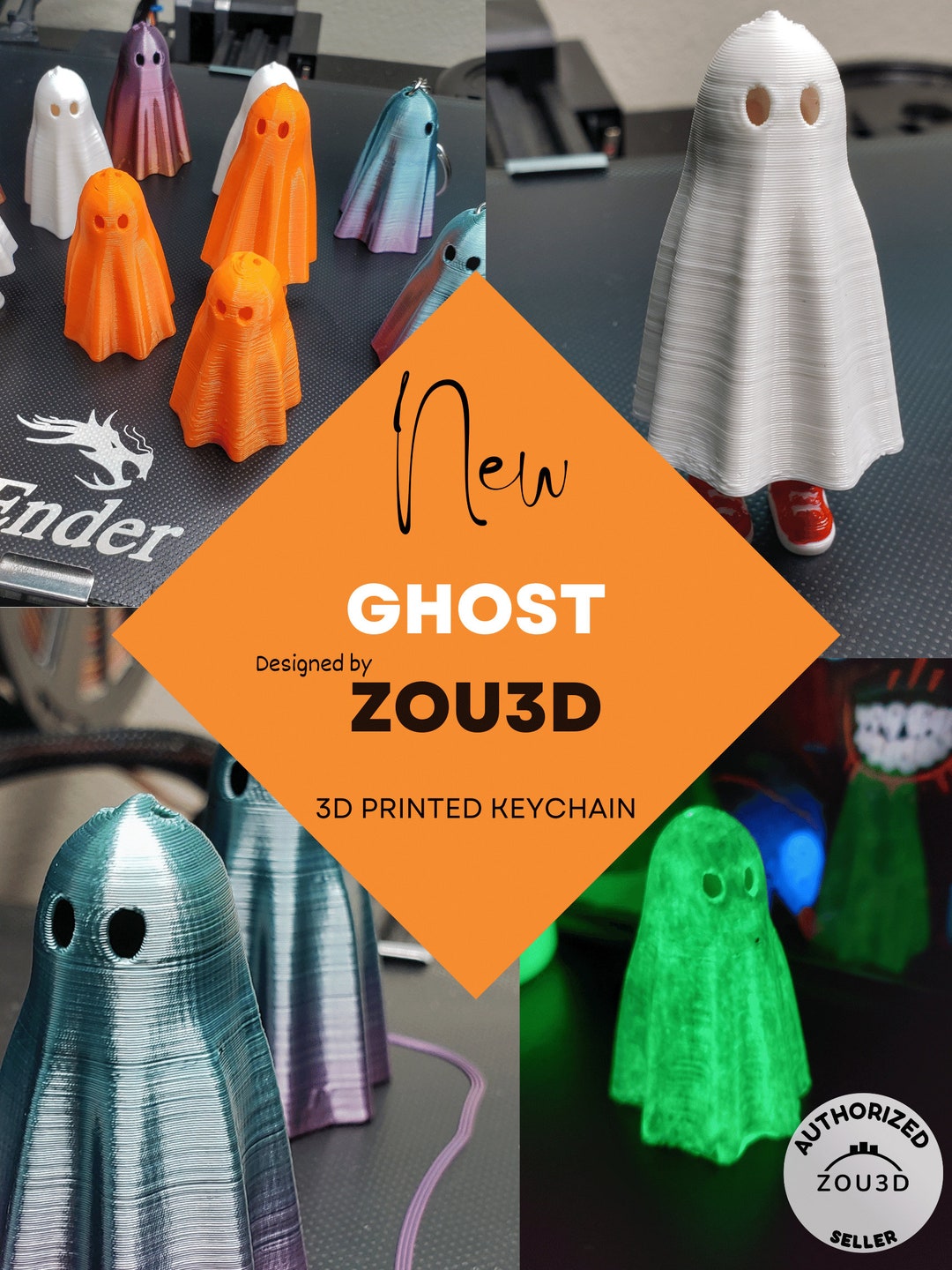 3D Printed ZOU3D Ghost Keychain Multiple Color Options Hand Painted