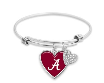 43430 Alabama Crimson Tide Amara Crystal Heart Silver Adjustable Bangle Bracelet