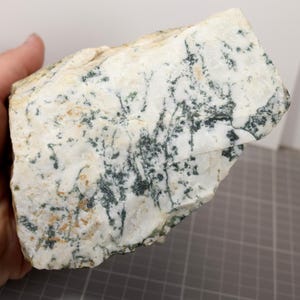 以下が含まれることがあります： 苔のような濃い緑色の樹枝状インクルージョンと、表面全体に点在する明るい茶色の鉱物堆積物が特徴の、白く粗い不規則な形の石の塊。表面は凹凸があり、自然な地質学的パターンと形成が見て取れます。