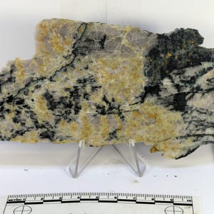 Peut inclure: Une pierre brute de forme irrégulière et aux couleurs variées. La pierre présente une base de tons blanc cassé et jaune, avec des veines gris foncé et noires. Elle est présentée sur un support transparent.