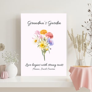 Oma&#39;s tuin geboorte bloemboeket, gepersonaliseerde geboorte bloem, geboorte bloemboeket, Moederdag cadeau, gepersonaliseerd cadeau, bloem kunst aan de muur