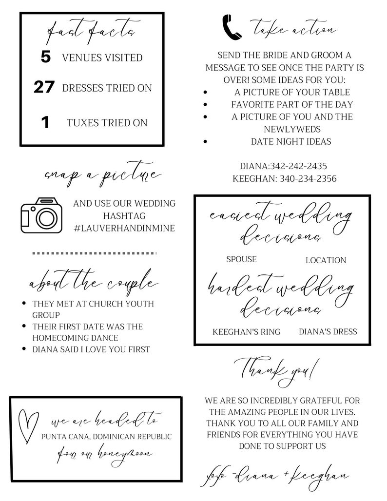 K&ouml;nnte beinhalten: Eine schwarz-wei&szlig;e Hochzeitsanzeige mit Herz-, Kamera- und Telefonsymbolen. Die Anzeige enth&auml;lt Details &uuml;ber das Paar, ihre Hochzeit und ihre Flitterwochen. Der Text beinhaltet "fast facts", "snap a picture", "take action", "about the couple", "easiest wedding decisions", "hardest wedding decisions", "we are headed to", "Punta Cana, Dominican Republic", "for our honeymoon", "Thank you!" und "Jose-Diana + Keeghan".